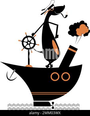 Cartoon cane un capitano della nave. Coraggioso cane un capitano della nave che fuma una pipa. Isolato su sfondo bianco Illustrazione Vettoriale