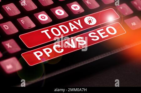 Segno di testo che mostra PPC Vs Seo. Concetto che significa paga per lo scatto contro le strategie di ottimizzazione di Search Engine Foto Stock