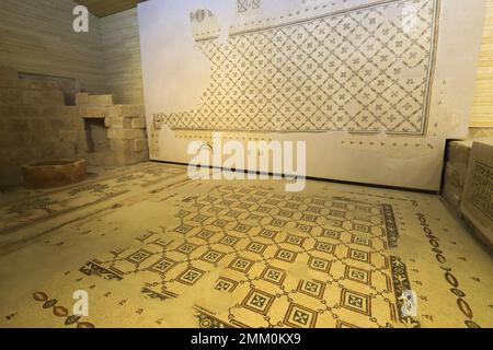 Pavimento a mosaico nella Chiesa commemorativa di Mosè, Monte Nebo, Governatorato di Madaba, Giordania, Medio Oriente Foto Stock