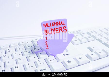 Cartello di testo che mostra gli acquirenti Millennial. Approccio aziendale tipo di consumatori interessati a prodotti di tendenza Foto Stock