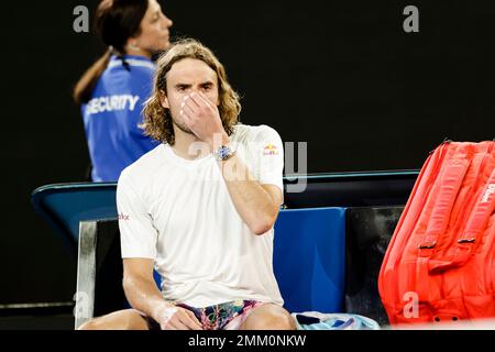 Melbourne, Australia, 29th Jan, 2023. Tennista greco Stefanos Tsitsipas dopo la finale maschile all'Australian Open Tennis Grand Slam di Melbourne Park. Photo credit: Frank Molter/Alamy Live news Foto Stock