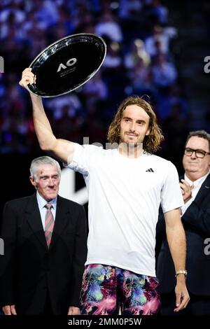 Melbourne, Australia, 29th Jan, 2023. Tennista greco Stefanos Tsitsipas dopo la finale maschile all'Australian Open Tennis Grand Slam di Melbourne Park. Photo credit: Frank Molter/Alamy Live news Foto Stock