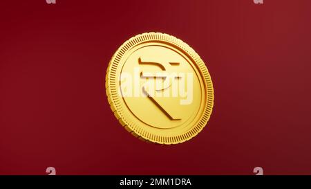 Moneta d'oro di rupia indiana INR moneta di valuta isolata su sfondo rosso 3D illustrazione render per la crescita digitale dell'economia Foto Stock