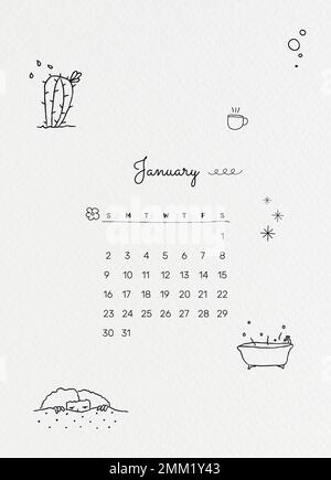 Carino modello di calendario di gennaio 2022, vettore pianificatore mensile modificabile, stile doodle Illustrazione Vettoriale