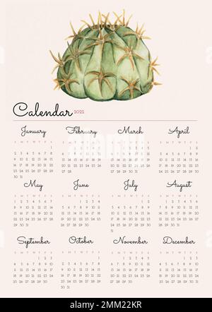 Modello di calendario mensile Cactus 2022, vettore di illustrazione dell'acquerello Illustrazione Vettoriale