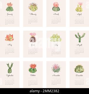 Modello di calendario mensile Botanico 2022, set vettore illustrazione cactus Illustrazione Vettoriale