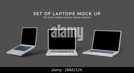 Set di 3D modelli di notebook. Rendering realistico di un notebook color argento aperto con schermi neri. Gadget moderni per banner aziendali in diverse viste. Vettore Illustrazione Vettoriale