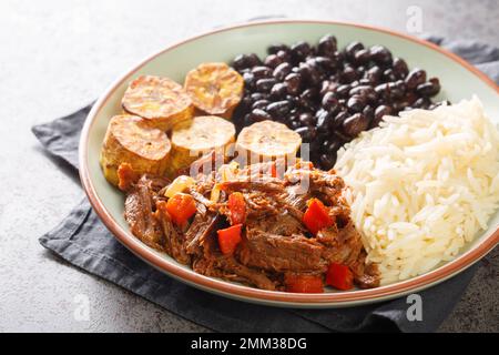 Pabellon Criollo il piatto nazionale del Venezuela con carne di manzo grattugiata, riso, fagioli neri e plantane fritte closeup sul piatto sul tavolo. Orizzontale Foto Stock