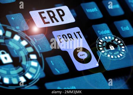 Scrittura di testo con visualizzazione ERP per l'IT. Panoramica aziendale Software di pianificazione delle risorse aziendali per integrare le applicazioni Foto Stock