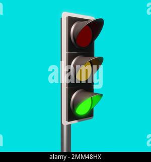 3D semaforo con rappresentazione, segnale Trafic con rosso, giallo e verde, 3D luce trafic con sfondo azzurro Foto Stock