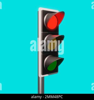 3D semaforo con rappresentazione, segnale Trafic con rosso, giallo e verde, 3D luce trafic con sfondo azzurro Foto Stock