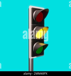 3D semaforo con rappresentazione, segnale Trafic con rosso, giallo e verde, 3D luce trafic con sfondo azzurro Foto Stock