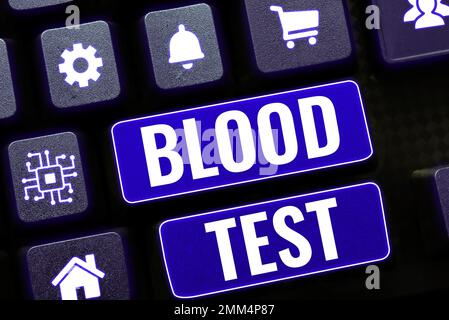 Scrittura del testo Blood Test. Foto concettuale estratto campione di sangue da un organismo per eseguire un'analisi di laboratorio Foto Stock