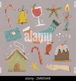 Set di adesivi natalizi, simpatico vettore d'illustrazione dei doodle Illustrazione Vettoriale