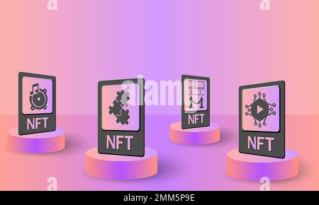NFT, illustrazione vettoriale concettuale di token non fungibili. Scheda NFT sul podio per banner, poster, sito web, landing page, pubblicità. Illustrazione Vettoriale