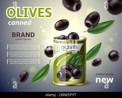 Olive in scatola realistiche. Prodotto naturale italiano, verdure in decapaggio greche, lattina, foglie volanti e olive ecologiche nere, promozionale Illustrazione Vettoriale