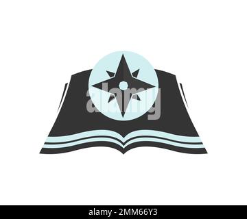 Bussola e libro aperto, silhouette di rosa, bussola navigatore nautico cartografia logo design. Disegno vettoriale in direzione nord, sud, est e ovest. Illustrazione Vettoriale
