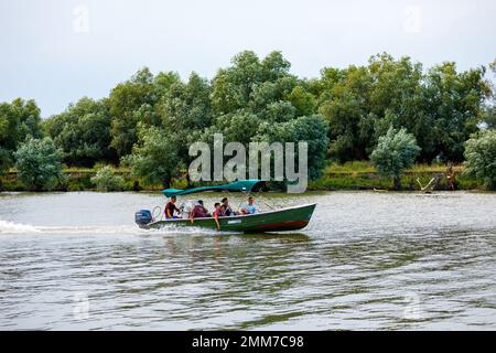 I turisti in un tour in barca nel delta del danubio Foto Stock