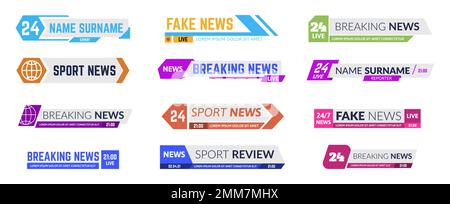 Frame della schermata dei supporti delle informazioni sui titoli. Ultime notizie TV barre per la trasmissione. Banner di programmi sportivi o spettacoli dal vivo Illustrazione Vettoriale