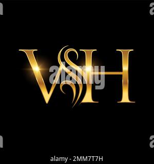 Un set di illustrazioni vettoriali di Monogramma VH d'oro Initial Logo Sign in sfondo nero con effetto lucentezza oro Illustrazione Vettoriale