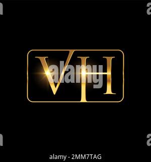 Un set di illustrazioni vettoriali di Monogramma VH d'oro Initial Logo Sign in sfondo nero con effetto lucentezza oro Illustrazione Vettoriale