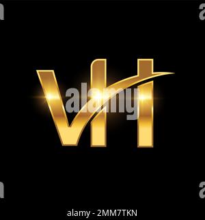Un set di illustrazioni vettoriali di Monogramma VH d'oro Initial Logo Sign in sfondo nero con effetto lucentezza oro Illustrazione Vettoriale