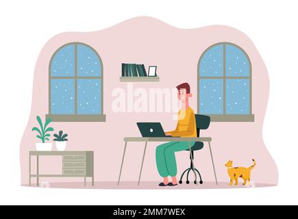 Persona di lavoro freelance. Uomo in lavoro seduto alla scrivania con computer portatile. Personaggio maschile occupato che lavora in remoto Illustrazione Vettoriale