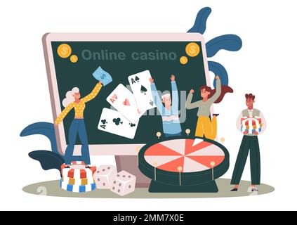 I vincitori del casinò su Internet. Personaggi uomo e donna che giocano alla roulette con slot, carte. Concetto di gioco d'azzardo online Illustrazione Vettoriale