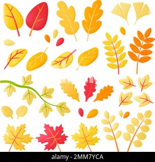 Autunno 3D foglie, foresta giallo foglie renderings. Stagioni autunno piante, isolato decorativo natura grafica. Fogliame di acero e quercia, vettore di colore pithy Illustrazione Vettoriale