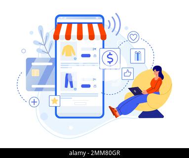 Acquisto di app mobili e acquisto di regali da parte di persone. Donna seduta su sedia con notebook e per ordinare acquisti online. Schermo dello smartphone Illustrazione Vettoriale