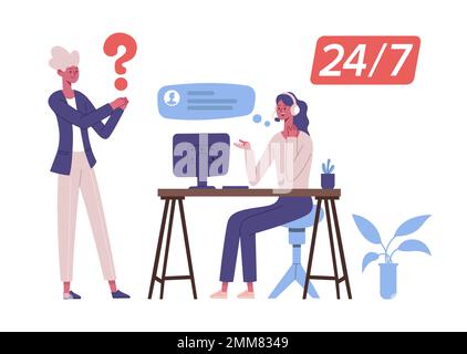 Assistente personale, assistenza clienti call center servizi di rete. Operatore hotline donna in cuffia seduto alla scrivania Illustrazione Vettoriale