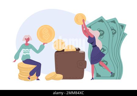 Risparmio di denaro concetto finanziario. Personaggi femminili che mettono le monete in borsa. Donne con guadagni o redditi nel portafoglio Illustrazione Vettoriale