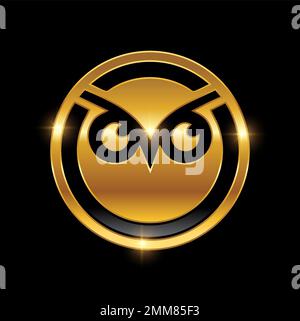 Un'illustrazione vettoriale di simbolo della testa della gufo dorato segno in fondo nero con effetto lucentezza oro Illustrazione Vettoriale