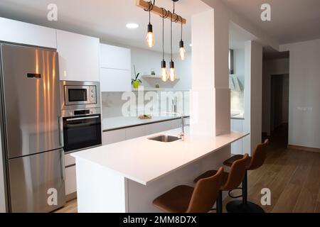 Cucina moderna di una casa perfettamente attrezzata con tutti i suoi elettrodomestici Foto Stock