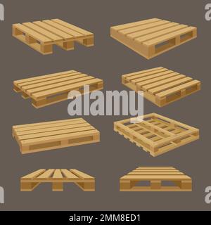 Pallet in legno. Shopping box e posti per magazzino impilamento pallet per merce recenti illustrazioni vettoriali in stile cartone animato Illustrazione Vettoriale