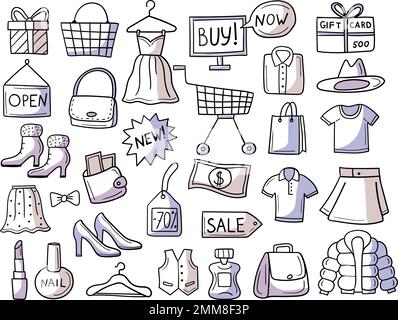 Shopping doodles. Simboli disegnati a mano di borse di mercato vestiti scarpe gadget recenti vettore illustrazioni set Illustrazione Vettoriale