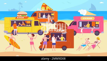 Festival del pulmino sulla spiaggia. Turisti cibo camion rimorchio chiosco caffè, strada tropicale veicolo mercato americano campeggio caravan ristorante vettore illustrazione di caffè estate, gelato e hamburger Illustrazione Vettoriale