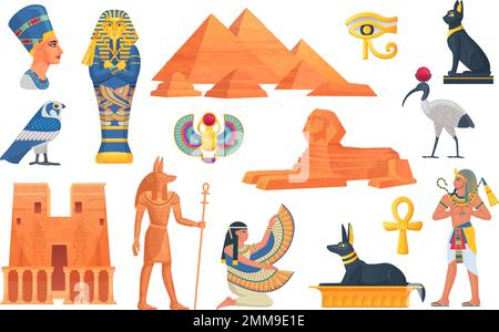 Cartoon elementi egiziani. Antico egitto statua e oggetti mitologia, uccelli scarabeo storia sciabola dio sfinge pharaoh costruzione architettura per il gioco, illustrazione vettoriale di antica civiltà statua Illustrazione Vettoriale