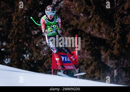 Olympia delle Tofane, Cortina d’Ampezzo, Italia, 29 gennaio 2023, Philp Trevor (CAN) durante la Coppa del mondo di sci FIS Audi 2023 - Super G uomo - gara di sci alpino Foto Stock