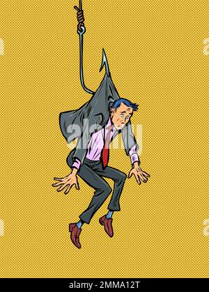 Uomo d'affari Lure trappola persone su un gancio di pesca. Amore pericoloso Illustrazione Vettoriale