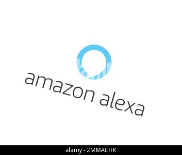 Amazon Alexa ruotato, sfondo bianco, logo, marchio Foto Stock