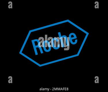 Hoffmann la Roche, ruotato, sfondo nero, logo, marchio Foto Stock