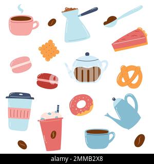 Set da caffè. Icone disegnate a mano di macchine per il caffè, tazze, dolci, panetteria in stile cartone animato piatto. Illustrazione Vettoriale