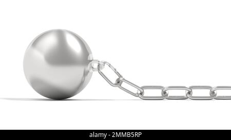 Sfera e catena isolate su sfondo bianco. illustrazione 3d. Foto Stock