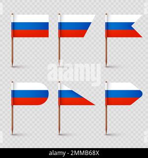 Realistiche bandiere russe diverse stuzzicadenti. Souvenir dalla Russia. Stuzzicadenti in legno con bandierina di carta. Contrassegno di posizione, puntatore della mappa. Mockup vuoto per Illustrazione Vettoriale