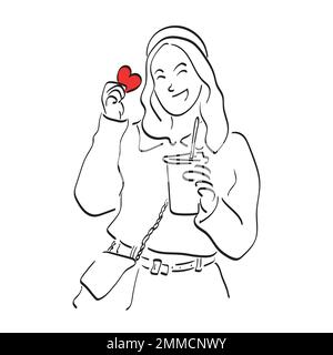 donna che tiene il cuore rosso e il vettore di illustrazione di caffè ghiacciato disegnata a mano isolata su linea di fondo bianca Illustrazione Vettoriale