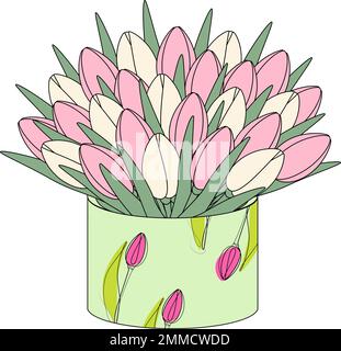 Grande bouquet di tulipani colorati in fiore in scatola circolare in stile piano cartoon in tonalità tenui alla moda. Adesivo. Icona. Isolare. Ideale per motivi, poster, brochure o etichette, biglietti di auguri o inviti. EPS Illustrazione Vettoriale