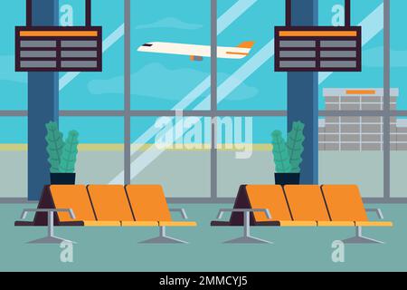 Interno della hall dell'aeroporto. Sala d'attesa o Sala di partenza Vector Illustration in stile piatto Illustrazione Vettoriale