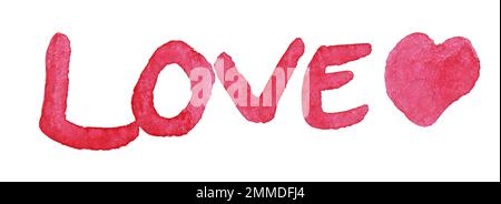 acquerello rosso parola d'amore con cuore su sfondo bianco Foto Stock