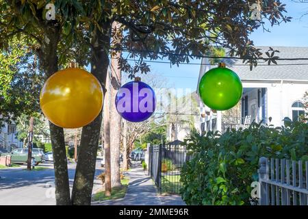 NEW ORLEANS, LA, USA - 19 GENNAIO 2023: Grandi ornamenti in colori Mardi Gras (viola, verde e oro) decorano un albero in un quartiere Uptown per c Foto Stock